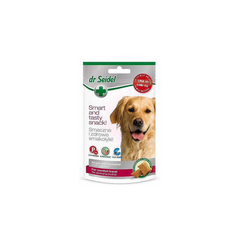 Лакомство для собак DR SEIDEL DOG TREAT CALM TRAVEL 90G повышает комфорт во время путешествий.
