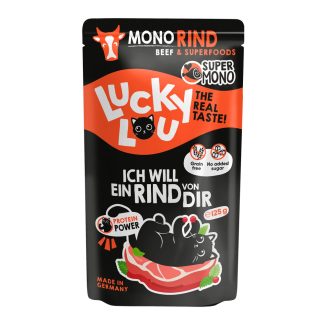 Корм Lucky Lou Super Mono Beef 125 г, содержащий 100% монопротеина, предназначен для кошек с аллергией.