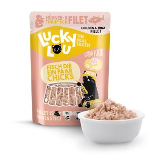 Корм для кошек Lucky Lou Extra Food 70 г: филе тунца и курицы в желе, специально для привередливых кошек.