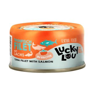 Корм для кошек Lucky Lou 70 г, тунец и лосось в бульоне, филе для привередливой кошки.