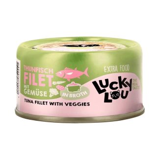Корм для кошек Lucky Lou, 70 г, тунец с овощами в бульоне. Вкусный корм для привередливых кошек.