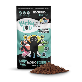 Корм для кошек Lucky Lou Food Code Mono Trout 750 г, содержащий форель, монопротеин.