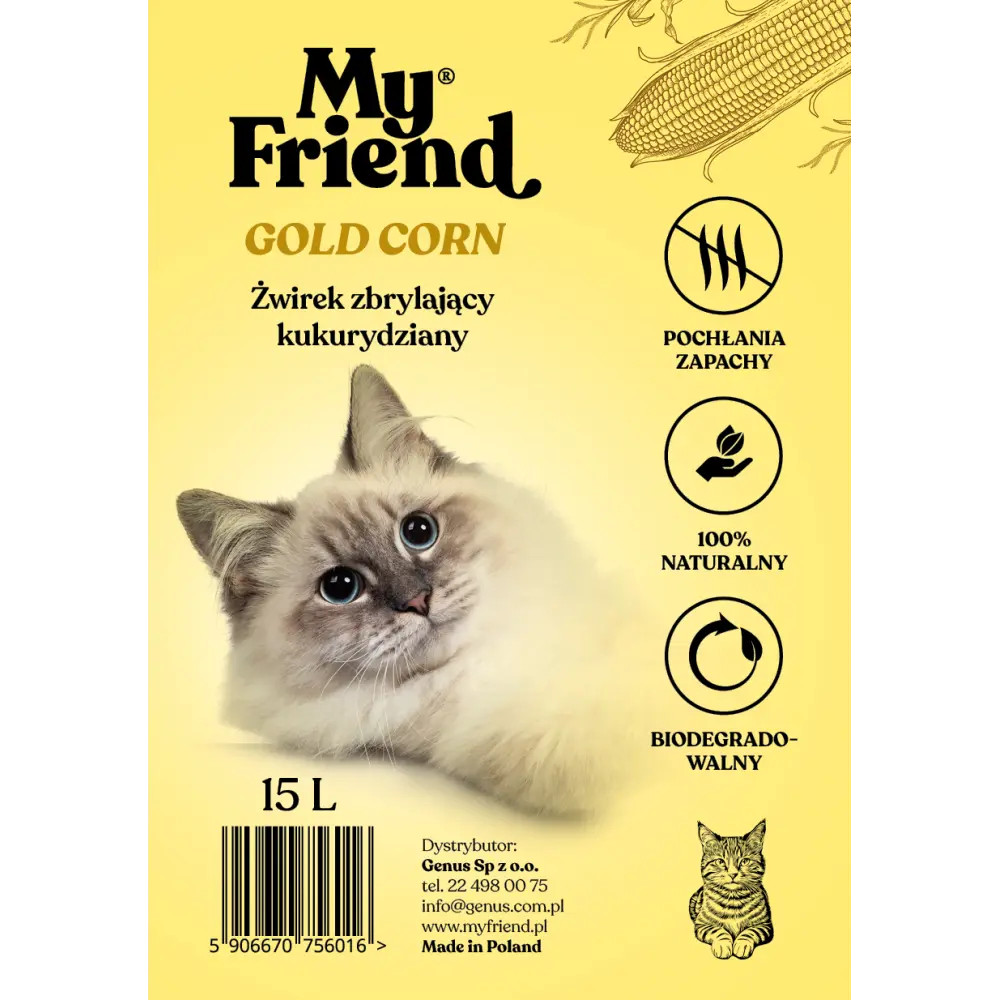 Кукурузный наполнитель для кошачьего туалета My Friend Gold Corn, 7 л, 4,5 кг, комкующийся, биоразлагаемый.