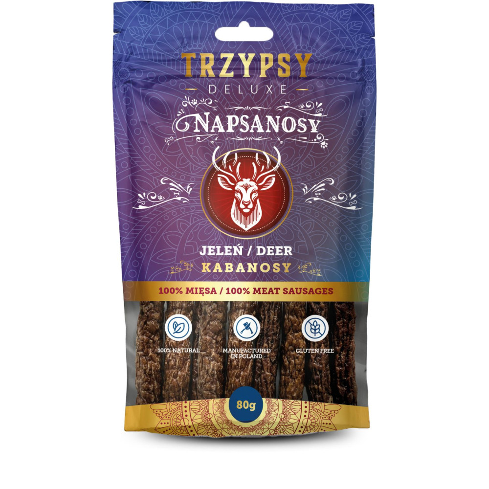 Оленьи колбаски 80 г, 100% мясо, вкусное лакомство для собак.