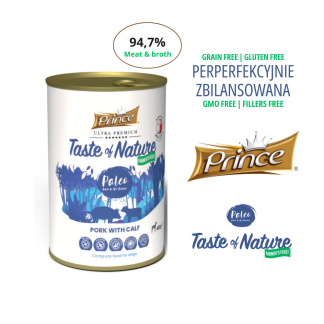 Влажный корм для собак Prince Farmer's Feast, 97% мяса и бульона. Свинина и телятина, 400 г, без злаков и курицы.