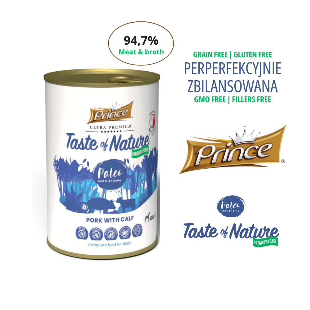 Влажный корм для собак Prince Farmer's Feast, 97% мяса и бульона. Свинина и телятина, 400 г, без злаков и курицы.