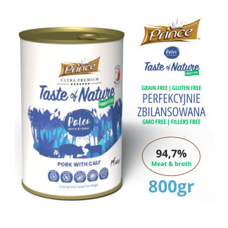 Влажный корм для собак Prince Farmer's Feast, 97% мяса и бульон. Свинина и телятина, 800 г, беззерновой.