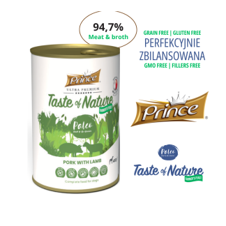 Влажный корм для собак Prince Farmer's Feast, 97% мяса и бульона. Свинина и ягнятина, 400 г, беззерновой.