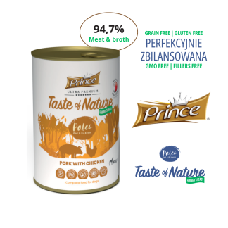 Влажный беззерновой корм для собак Prince Farmer Feast со вкусом свинины и курицы, 800 г.