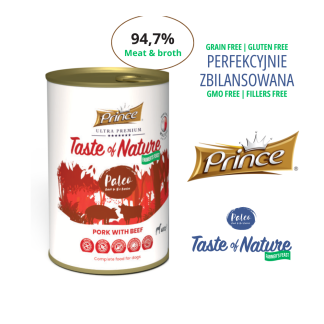 Влажный корм для собак Prince Farmer's Feast, 97% мяса и бульона. Свинина и говядина, 400 г, без зерна, без курицы.