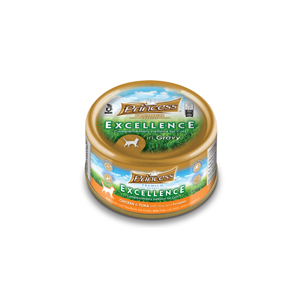 Влажный кошачий корм Princess Excellence с курицей, тунцом и тыквой, 70 г, мясные филе в соусе.