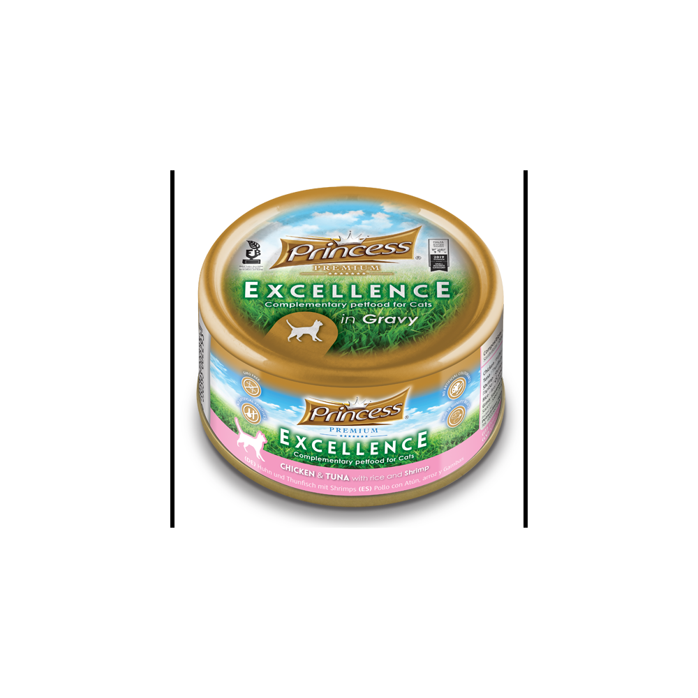 Корм для кошек Princess Excellence: курица, тунец, креветки, 70 г, мясное филе в соусе.