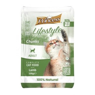 Корм для кошек Princess Lifestyle Chunks со вкусом ягненка, 100 г, в пакетике.