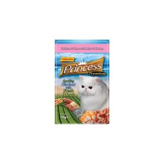 Влажный корм для кошек Princess Premium с курицей, тунцом и креветками, 70 г, беззерновой.